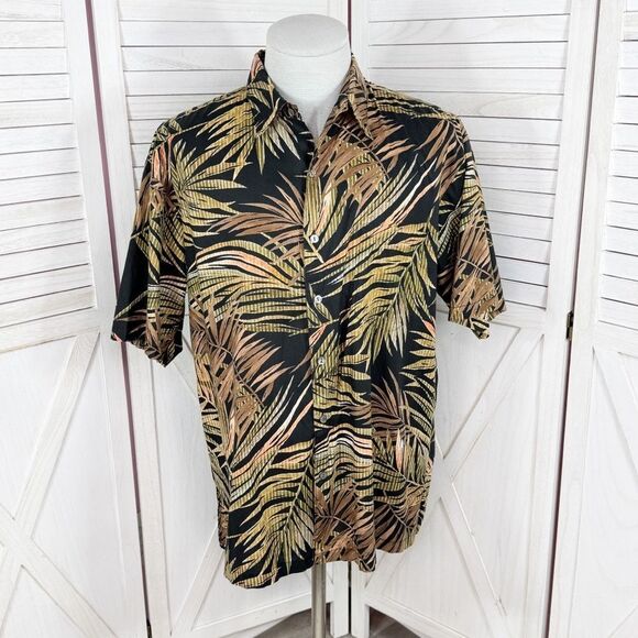 Tori Richard Tropical Palm Leaf Hawaiian Camp Shirt Black Tan Green Large - Picture 1 of 11